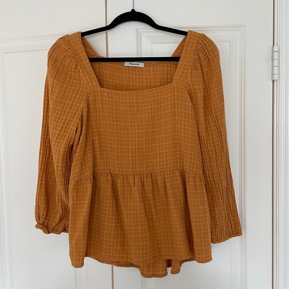 Madewell Tops - Madewell Lightspun Millbrook Puff Sleeve Peplum Top in Windowpane